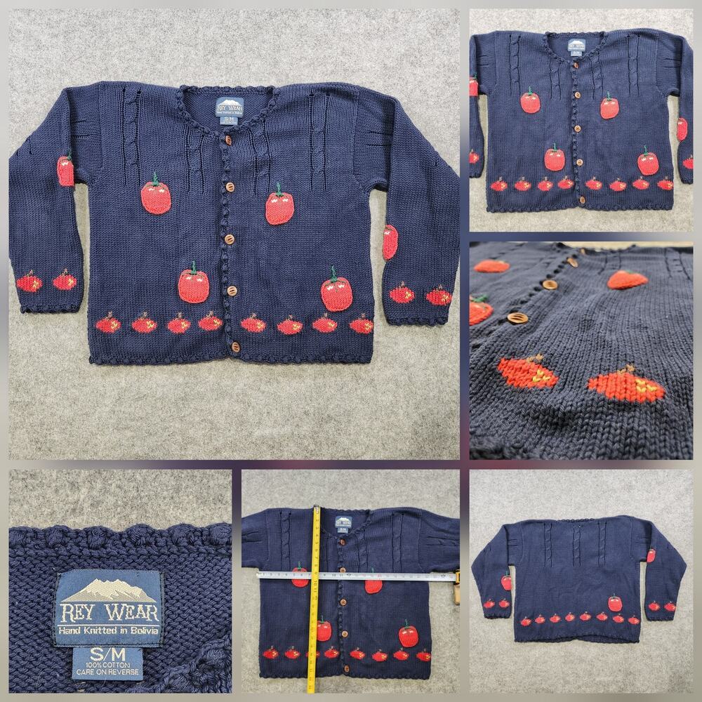 Rey Wear Sweater Womens Small Medium S/M Hand Knit Apple Fruit Cardigan Pullover